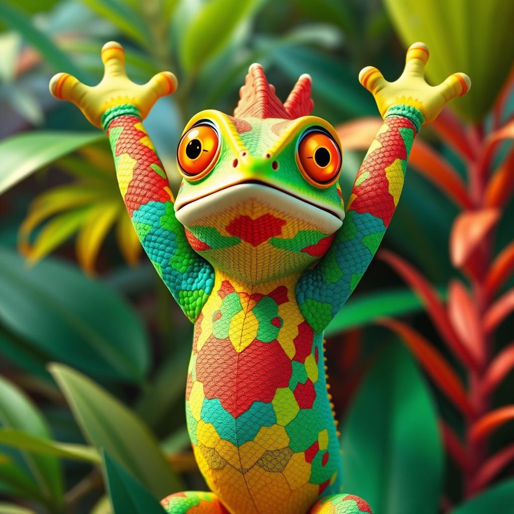 A 3D illustration of a vibrant, colorful chameleon with strikingly bright eyes