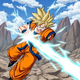A dynamic action scene featuring Goku from Dragon Ball Z, mid-battle with his iconic orange and blue gi