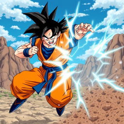 A dynamic action scene featuring Goku from Dragon Ball Z, mid-battle with his iconic orange and blue gi