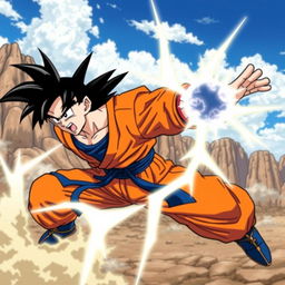 A dynamic action scene featuring Goku from Dragon Ball Z, mid-battle with his iconic orange and blue gi