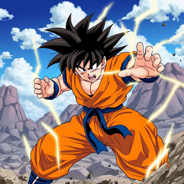 A dynamic action scene featuring Goku from Dragon Ball Z, mid-battle with his iconic orange and blue gi