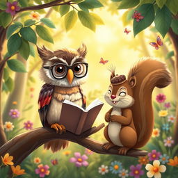 A whimsical scene in a vibrant forest where a wise old owl perches majestically on a branch, wearing small glasses perched on its beak, reading a book