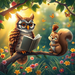 A whimsical scene in a vibrant forest where a wise old owl perches majestically on a branch, wearing small glasses perched on its beak, reading a book