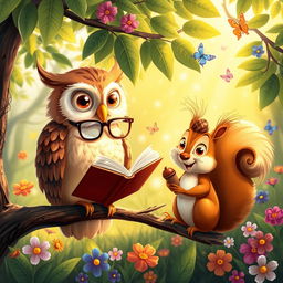A whimsical scene in a vibrant forest where a wise old owl perches majestically on a branch, wearing small glasses perched on its beak, reading a book
