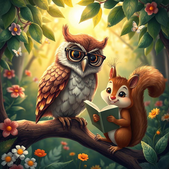 A whimsical scene in a vibrant forest where a wise old owl perches majestically on a branch, wearing small glasses perched on its beak, reading a book