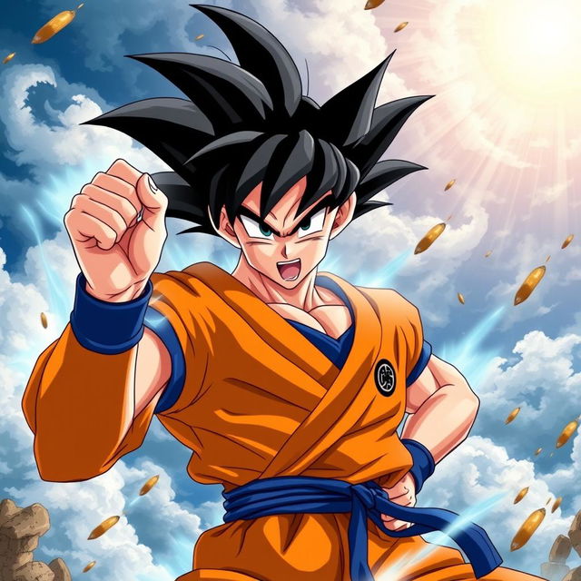 A dynamic scene featuring Goku from Dragon Ball, showcasing his iconic spiky black hair, wearing his classic orange gi with a blue undershirt and a blue belt, in a powerful fighting stance