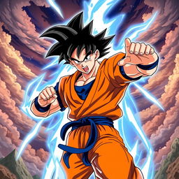 A dynamic scene featuring Goku from Dragon Ball, showcasing his iconic spiky black hair, wearing his classic orange gi with a blue undershirt and a blue belt, in a powerful fighting stance