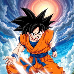 A dynamic scene featuring Goku from Dragon Ball, showcasing his iconic spiky black hair, wearing his classic orange gi with a blue undershirt and a blue belt, in a powerful fighting stance