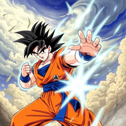 A dynamic scene featuring Goku from Dragon Ball, showcasing his iconic spiky black hair, wearing his classic orange gi with a blue undershirt and a blue belt, in a powerful fighting stance