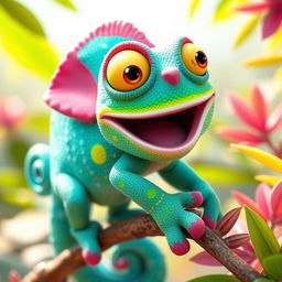 A 3D character design of a vibrant and cheerful chameleon, showcasing a wide array of bright colors like turquoise, magenta, and lime green