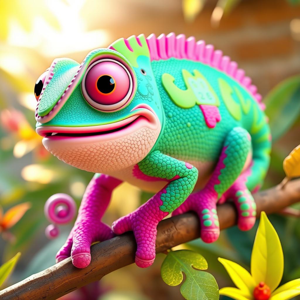 A 3D character design of a vibrant and cheerful chameleon, showcasing a wide array of bright colors like turquoise, magenta, and lime green