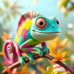 A 3D character design of a vibrant and cheerful chameleon, showcasing a wide array of bright colors like turquoise, magenta, and lime green