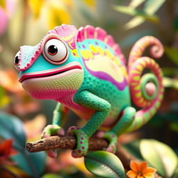 A 3D character design of a vibrant and cheerful chameleon, showcasing a wide array of bright colors like turquoise, magenta, and lime green