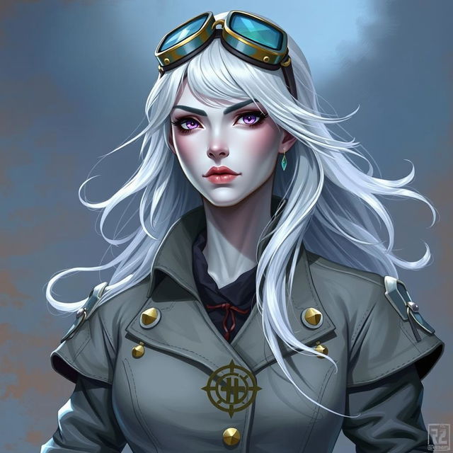 In the style of D&D character art, Lucira is a striking female figure with sleek silver skin and ethereal white hair that appears to float lightly around her