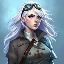 In the style of D&D character art, Lucira is a striking female figure with sleek silver skin and ethereal white hair that appears to float lightly around her