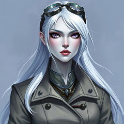 In the style of D&D character art, Lucira is a striking female figure with sleek silver skin and ethereal white hair that appears to float lightly around her