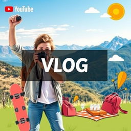 A vibrant and engaging YouTube banner designed for a vlog channel, featuring a scenic outdoor backdrop with picturesque landscapes such as mountains and a clear blue sky
