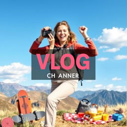 A vibrant and engaging YouTube banner designed for a vlog channel, featuring a scenic outdoor backdrop with picturesque landscapes such as mountains and a clear blue sky