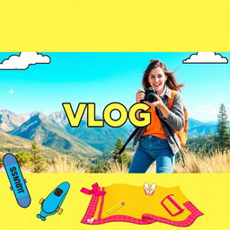 A vibrant and engaging YouTube banner designed for a vlog channel, featuring a scenic outdoor backdrop with picturesque landscapes such as mountains and a clear blue sky