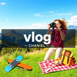 A vibrant and engaging YouTube banner designed for a vlog channel, featuring a scenic outdoor backdrop with picturesque landscapes such as mountains and a clear blue sky