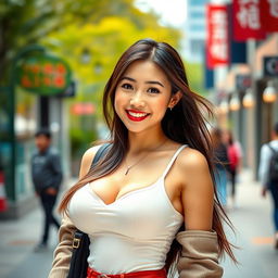 A beautiful Chinese university student with very large breasts, exuding a playful and flirtatious attitude