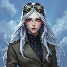 In the style of D&D character art, depict Lucira as a striking female figure with sleek silver skin and ethereal white hair that appears to float softly around her