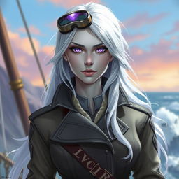 In the style of D&D character art, depict Lucira as a striking female figure with sleek silver skin and ethereal white hair that appears to float softly around her