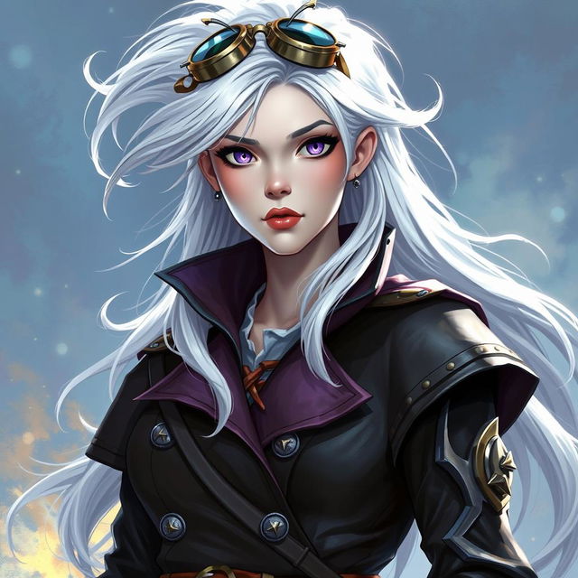 In the style of D&D character art, depict Lucira as a striking female figure with sleek silver skin and ethereal white hair that appears to float softly around her