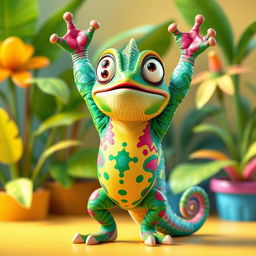 A colorful and cheerful 3D chameleon character standing upright with its arms raised above its head, showcasing vibrant colors like greens, blues, yellows, and pinks