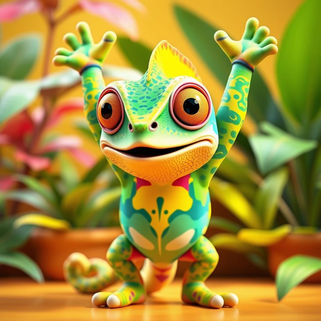 A colorful and cheerful 3D chameleon character standing upright with its arms raised above its head, showcasing vibrant colors like greens, blues, yellows, and pinks