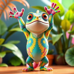 A colorful and cheerful 3D chameleon character standing upright with its arms raised above its head, showcasing vibrant colors like greens, blues, yellows, and pinks
