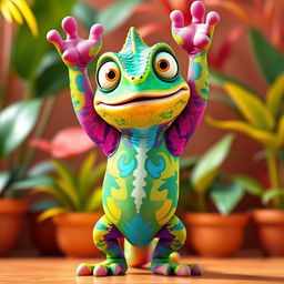 A colorful and cheerful 3D chameleon character standing upright with its arms raised above its head, showcasing vibrant colors like greens, blues, yellows, and pinks