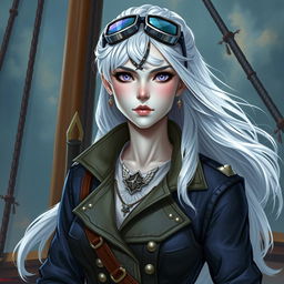 In the style of D&D character art, depict Lucira as a striking female figure with sleek silver skin and ethereal white hair that appears to float gently around her