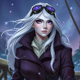 In the style of D&D character art, depict Lucira as a striking female figure with sleek silver skin and ethereal white hair that appears to float gently around her