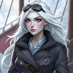 In the style of D&D character art, illustrate Lucira as a striking female figure with sleek silver skin and white hair that gently floats around her