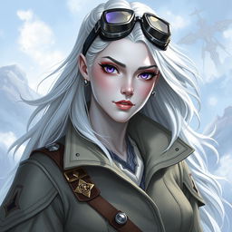 In the style of D&D character art, illustrate Lucira as a striking female figure with sleek silver skin and white hair that gently floats around her