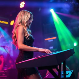 A 39-year-old attractive white woman named Dayna Wynter, playing keyboards passionately on a nightclub stage