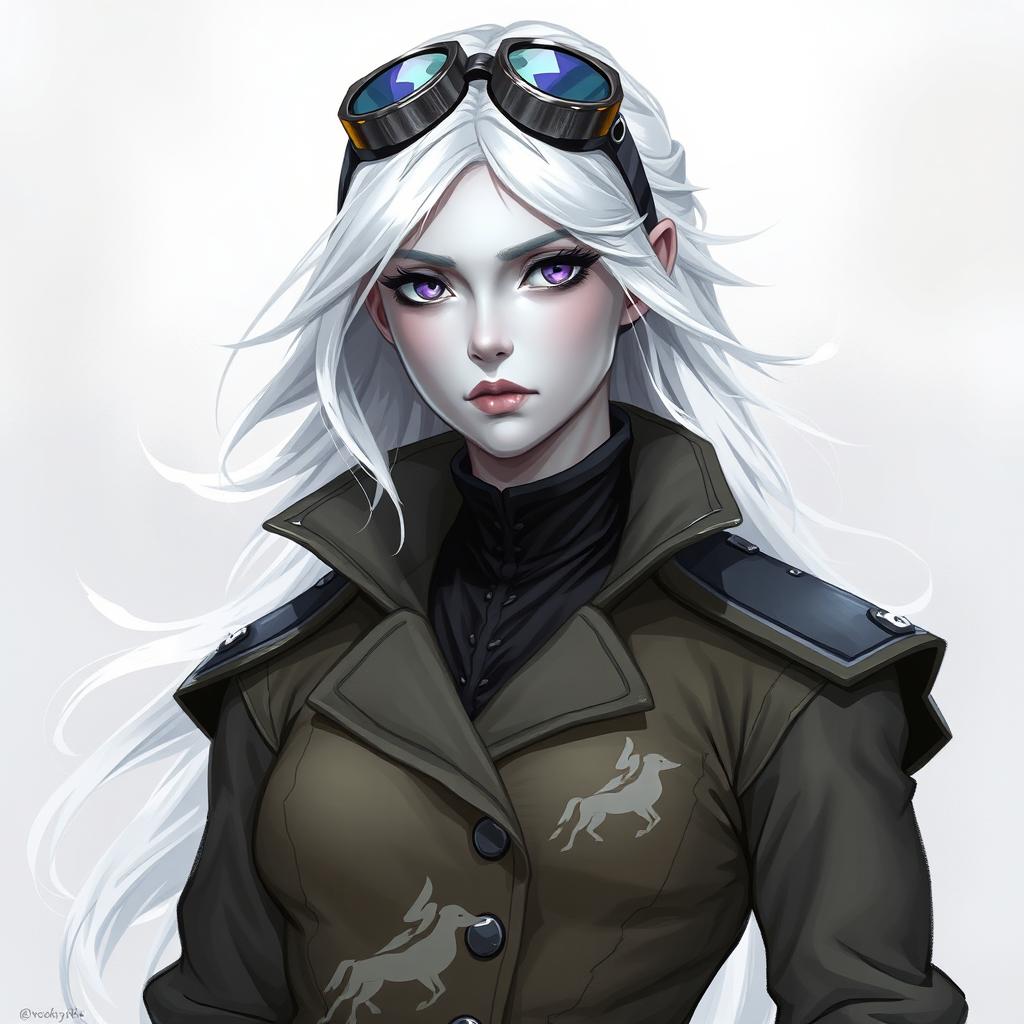 In the style of DnD character art, Lucira is a striking figure with sleek silver skin and ethereal white hair that appears to float faintly around her