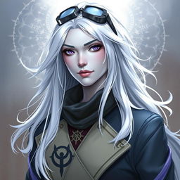 In the style of DnD character art, Lucira is a striking figure with sleek silver skin and ethereal white hair that appears to float faintly around her