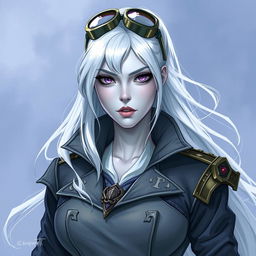 In the style of DnD character art, Lucira is a striking figure with sleek silver skin and ethereal white hair that appears to float faintly around her