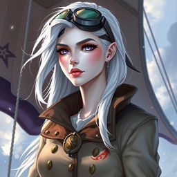 In the style of D&D character art, illustrate Lucira as a stunning female figure with sleek silver skin and airy, floating white hair