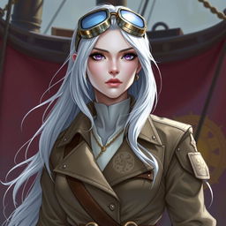 In the style of D&D character art, create an illustration of Lucira, a striking female figure with sleek silver skin and ethereal white hair that appears to float lightly around her