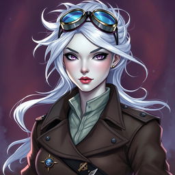 In the style of D&D character art, create an illustration of Lucira, a striking female figure with sleek silver skin and ethereal white hair that appears to float lightly around her