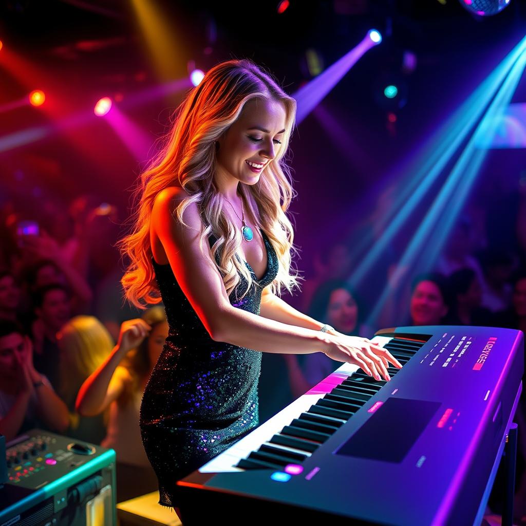 A 39-year-old attractive white woman named Dayna Wynter, energetically playing keyboards on a vibrant nightclub stage