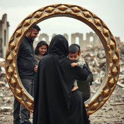 A somber scene depicting a happy family gathered around, while the mother in a hijab sits collapsed in emotional distress