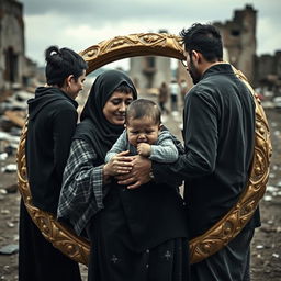 A somber scene depicting a happy family gathered around, while the mother in a hijab sits collapsed in emotional distress