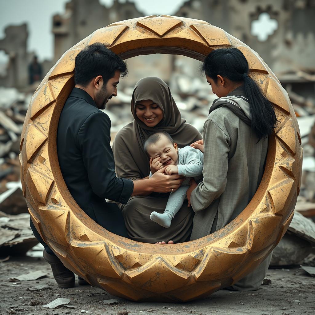 A somber scene depicting a happy family gathered around, while the mother in a hijab sits collapsed in emotional distress