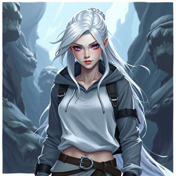 In the style of D&D character art, illustrate Lucira as a striking female figure with sleek silver skin and ethereal white hair that seems to float gently around her
