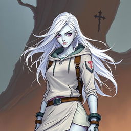 In the style of D&D character art, illustrate Lucira as a striking female figure with sleek silver skin and ethereal white hair that seems to float gently around her