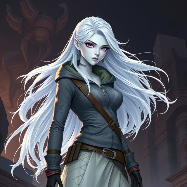 In the style of D&D character art, illustrate Lucira as a striking female figure with sleek silver skin and ethereal white hair that seems to float gently around her